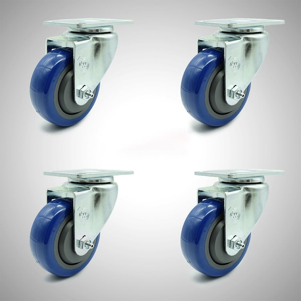 3.5 Inch SS Blue Polyurethane Wheel Swivel Top Plate Caster Set